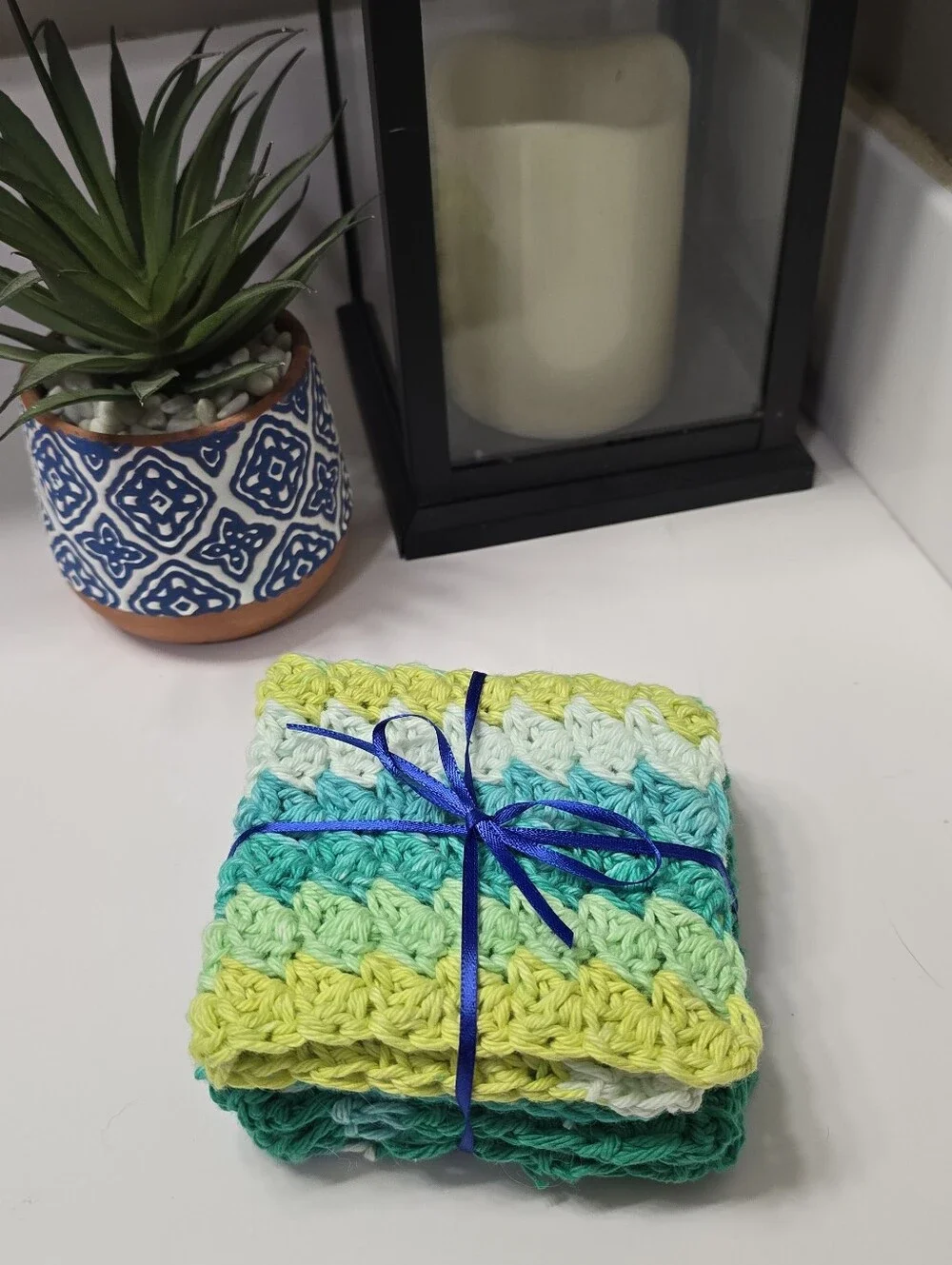 Handcrafted Crochet Dishcloth Set 8x8 Eco-Friendly Cotton Tropical Green Palette